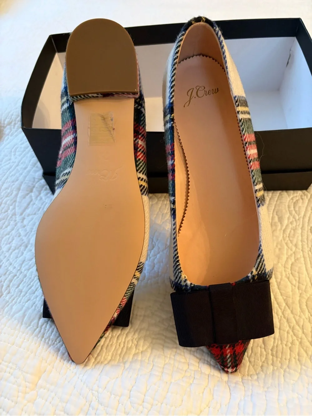 J. Crew Plaid Pointed-Toe Bow Flats in Red, Green & Black